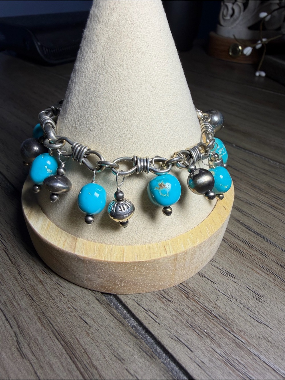 Handmade Sleeping Beauty Turquoise Bead Charm Bracelet - Women Jewelry